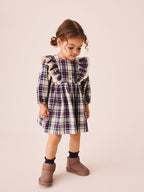 Navy Blue Heart Check Frill Collar Long Sleeve Dress (3mths-8yrs)