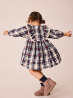 Navy Blue Heart Check Frill Collar Long Sleeve Dress (3mths-8yrs)