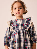 Navy Blue Heart Check Frill Collar Long Sleeve Dress (3mths-8yrs)