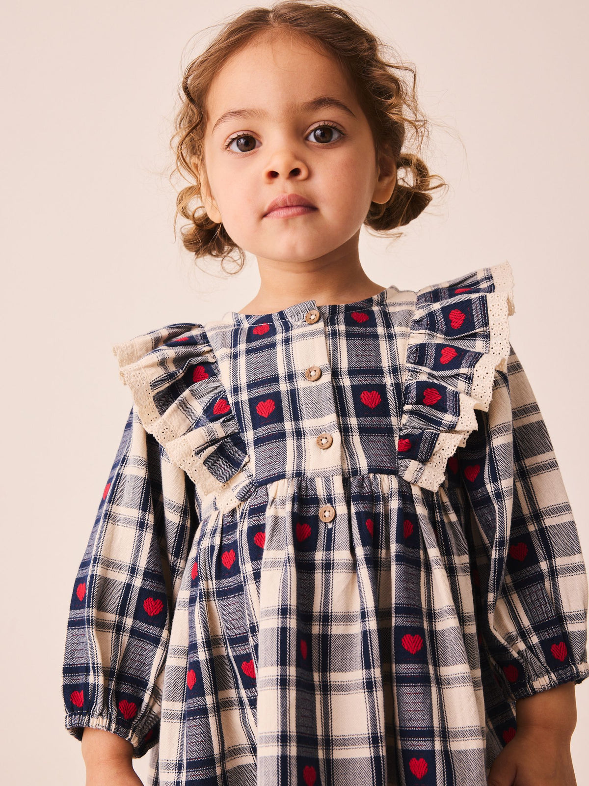 Navy Blue Heart Check Frill Collar Long Sleeve Dress (3mths-8yrs)