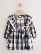 Navy Blue Heart Check Frill Collar Long Sleeve Dress (3mths-8yrs)