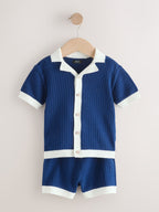 Navy Blue Knitted Polo Shirt and Shorts Set (3mths-10yrs)