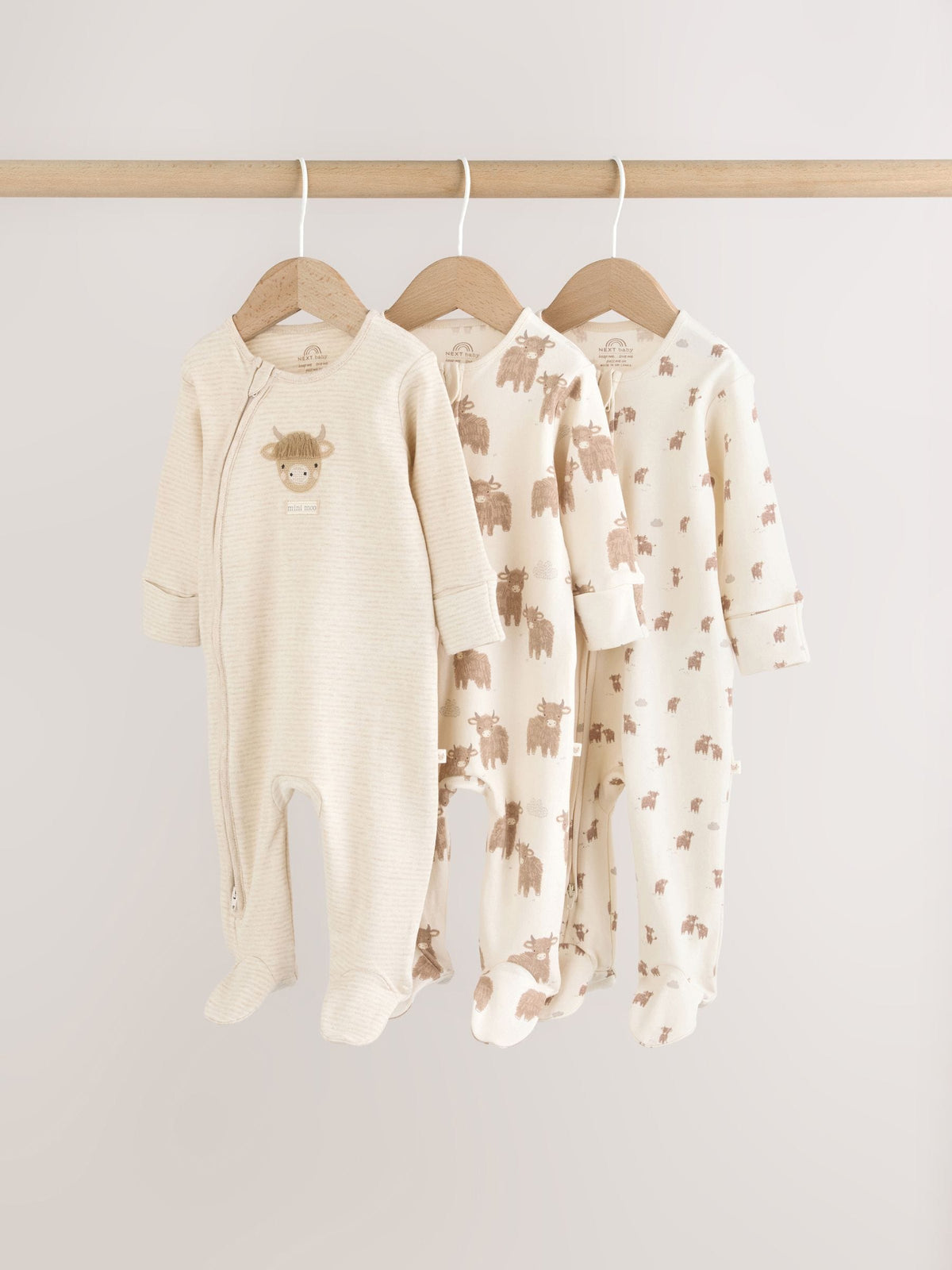 Neutral Hamish Two Way Zip Baby Sleepsuits 3 Pack (0-2yrs)
