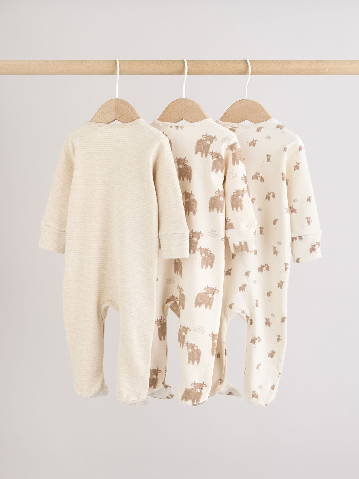 Neutral Hamish Two Way Zip Baby Sleepsuits 3 Pack (0-2yrs)