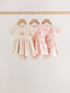 Pink Bear Embroidered Jersey Baby Rompers 3 Pack