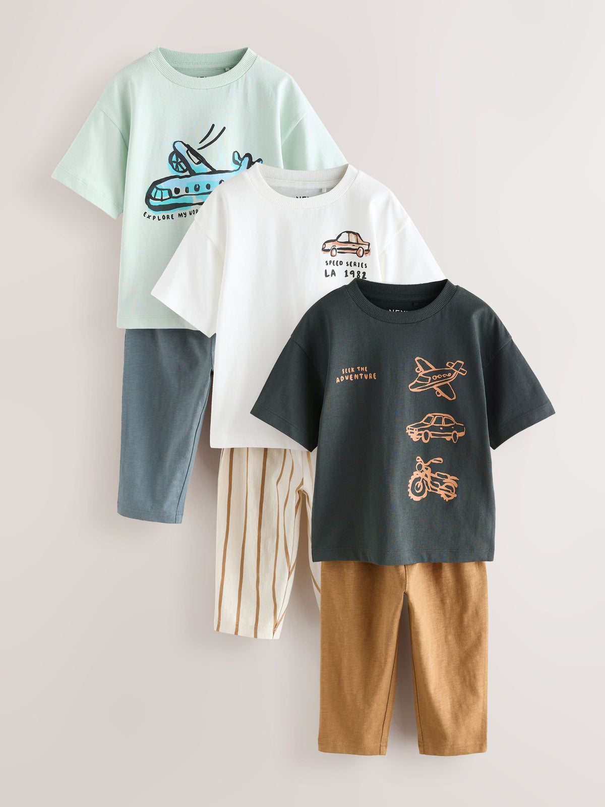 Blue/Black/White Vehicles Short Sleeve T-Shirts & Joggers Set 3 Pack (3mths-7yrs)