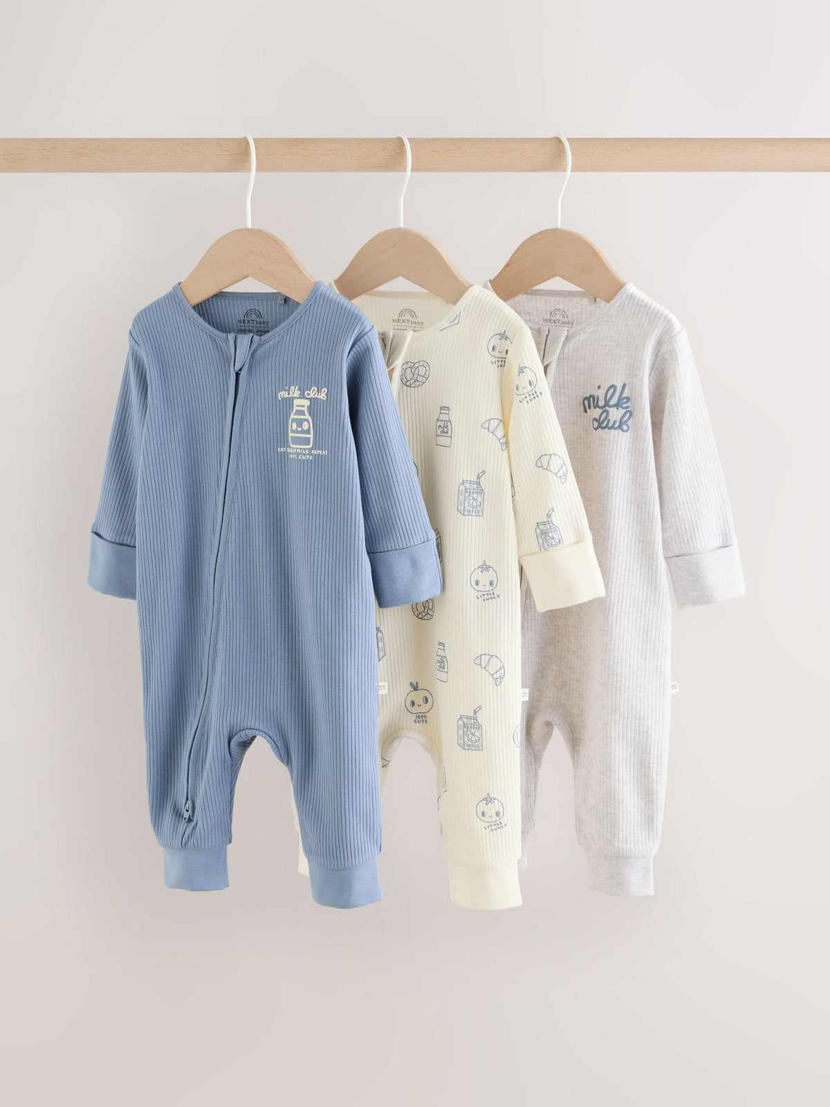Blue Milk Club Two Way Zip Baby Sleepsuits 3 Pack (0mths-3yrs)
