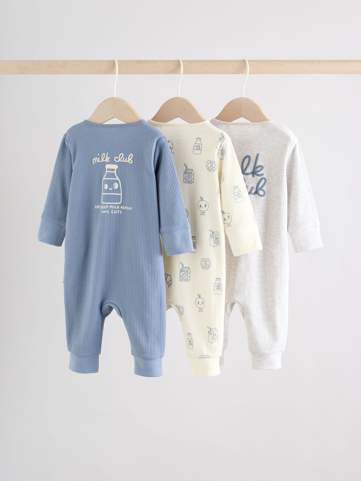 Blue Milk Club Two Way Zip Baby Sleepsuits 3 Pack (0mths-3yrs)