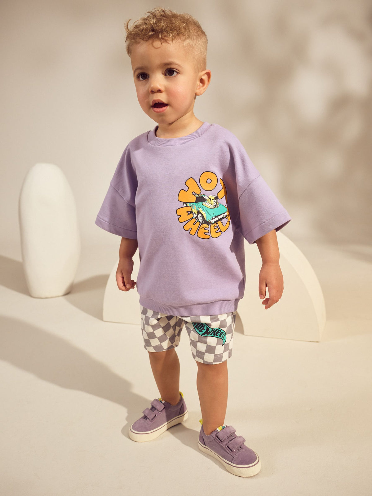 Lilac Purple Hot Wheels Check T-Shirt and Shorts Set (9mths-8yrs)