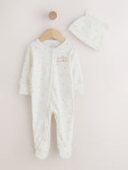 Cream Hello World Baby Sleepsuit and Hat Set (0-9mths)