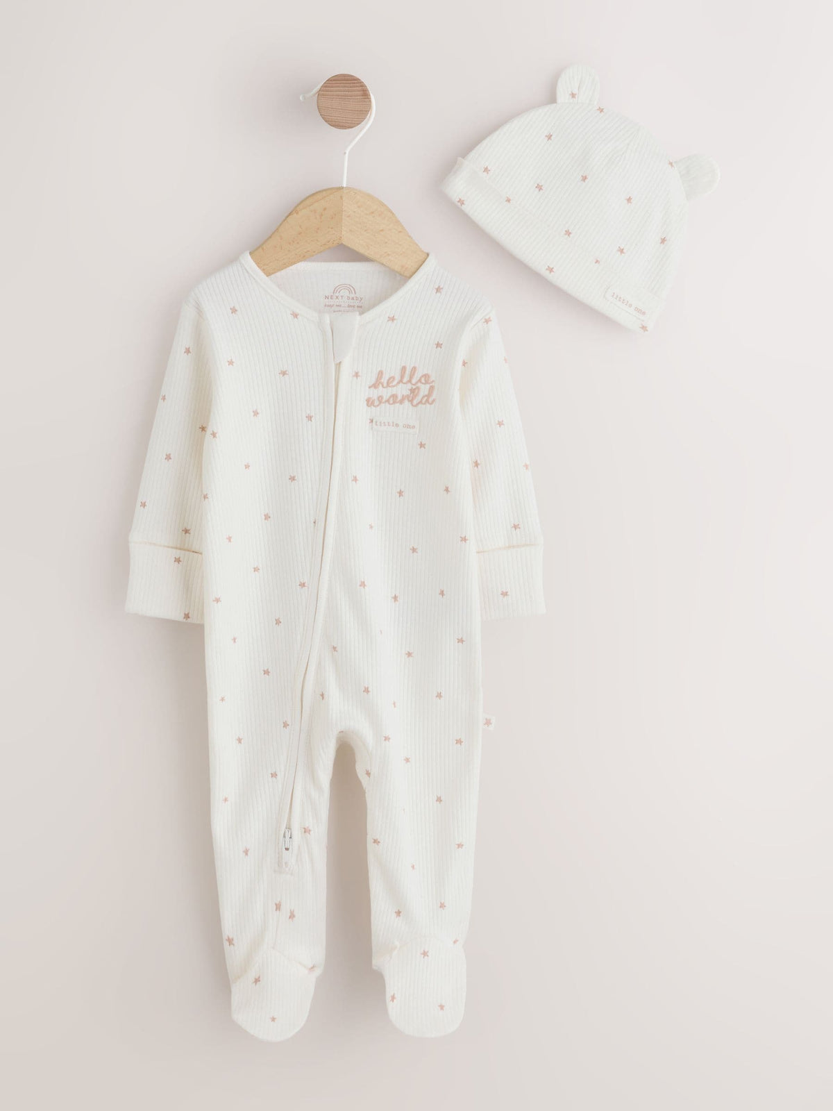 Cream Hello World Baby Sleepsuit and Hat Set (0-9mths)