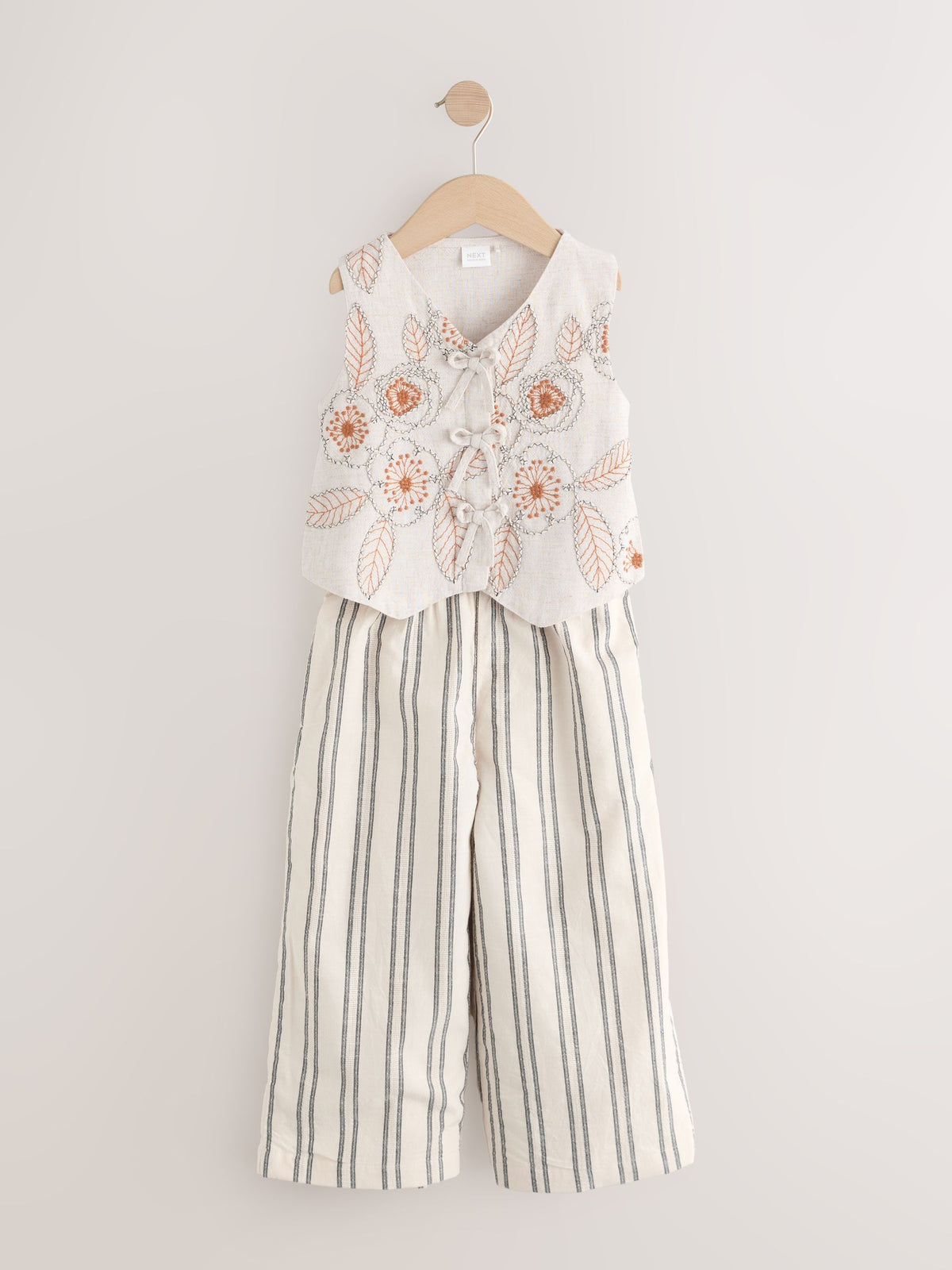 Neutral Embroidered Waistcoat and Wide Leg Trousers Set (3-16yrs)