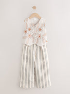 Neutral Embroidered Waistcoat and Wide Leg Trousers Set (3-16yrs)