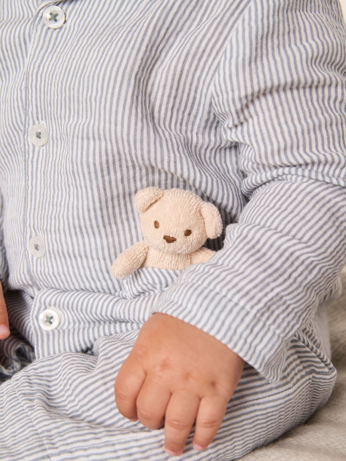 The White Company Blue Crinkle Stripe Bear Toy Classic Sleepsuit