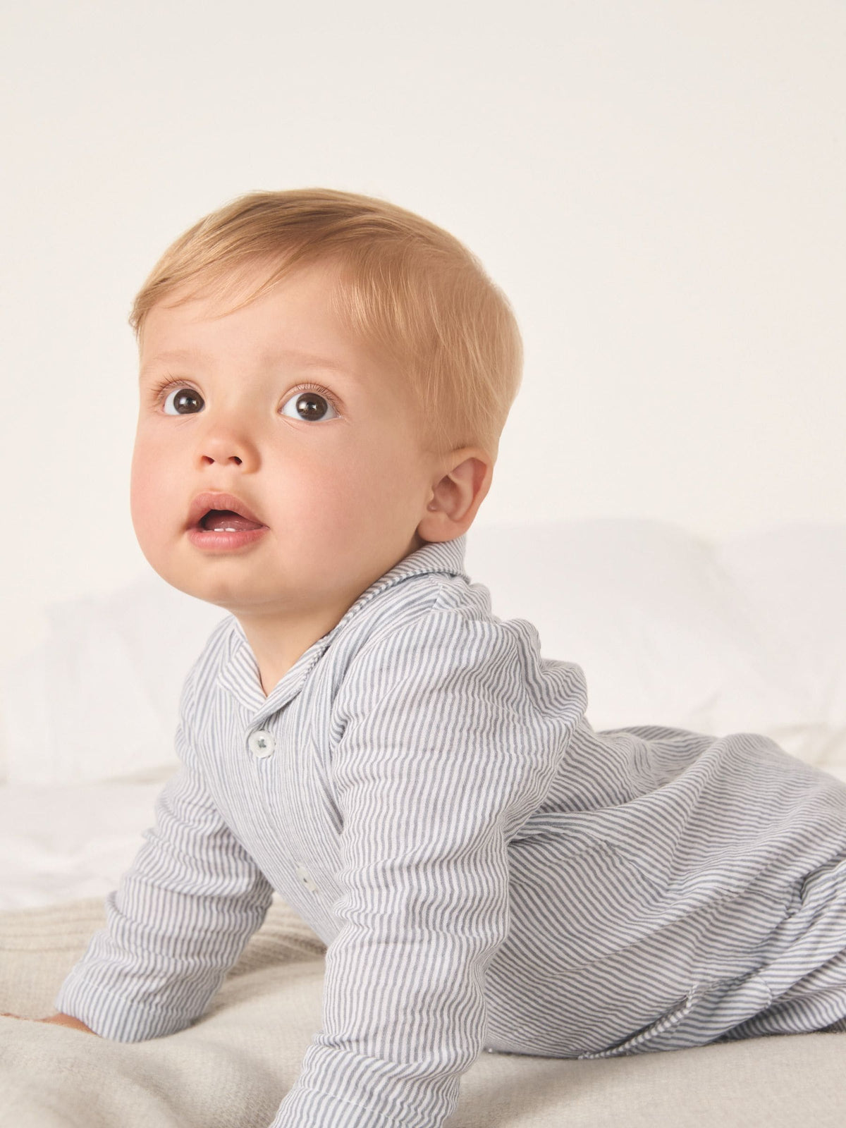 The White Company Blue Crinkle Stripe Bear Toy Classic Sleepsuit