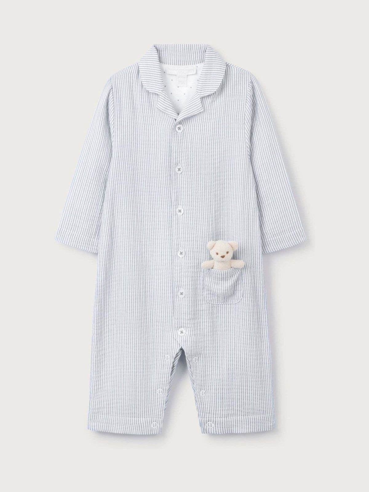 The White Company Blue Crinkle Stripe Bear Toy Classic Sleepsuit