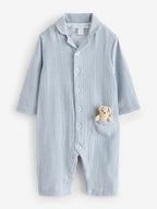 The White Company Blue Crinkle Stripe Bear Toy Classic Sleepsuit