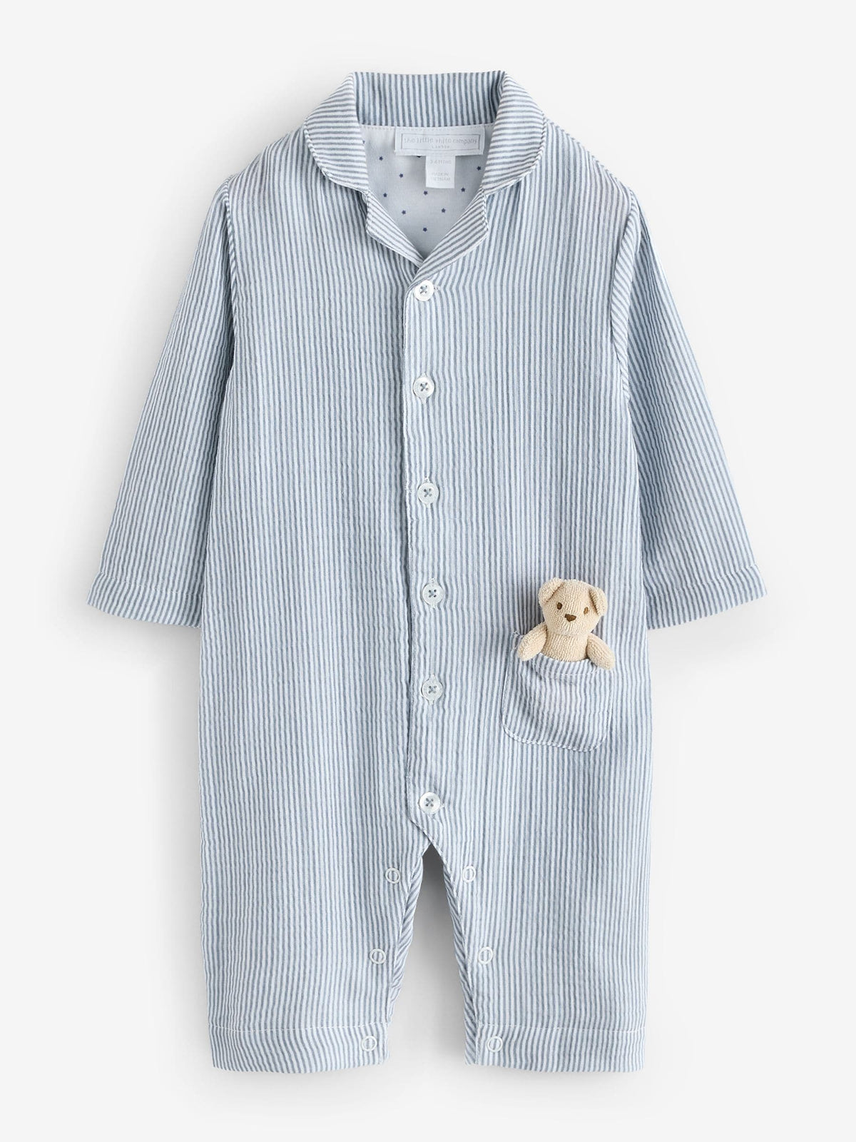 The White Company Blue Crinkle Stripe Bear Toy Classic Sleepsuit