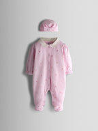 JoJo Maman Bébé Pink Heart Embroidered Cotton Footed Sleepsuit and Bonnet Set