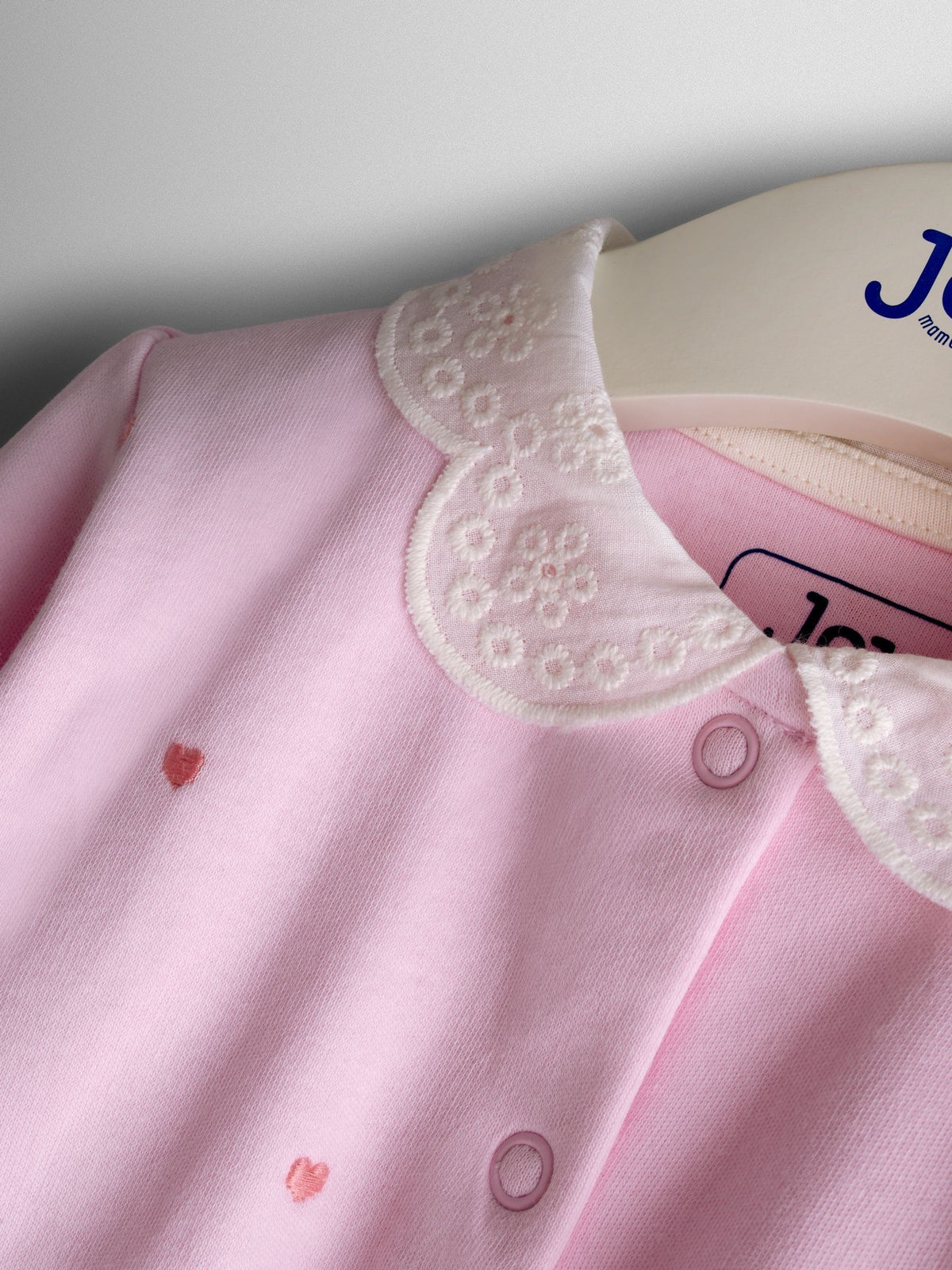 JoJo Maman Bébé Pink Heart Embroidered Cotton Footed Sleepsuit and Bonnet Set