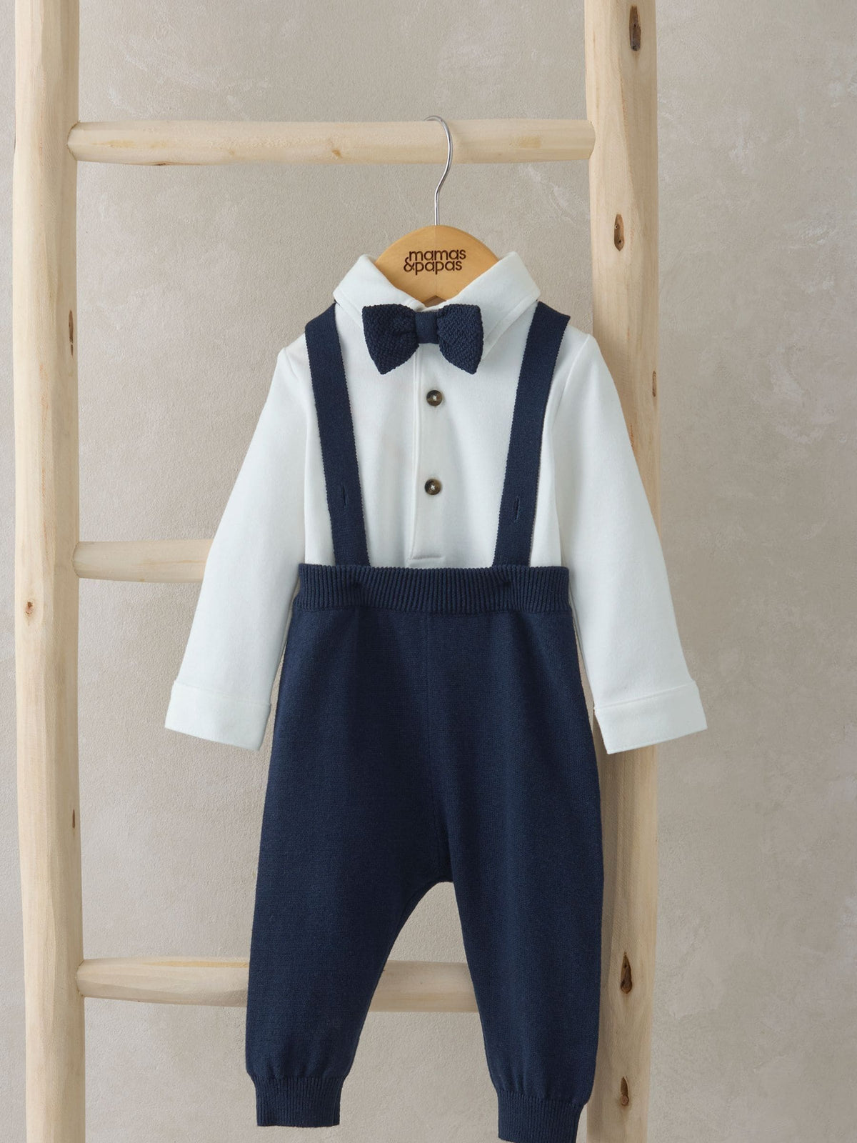 Mamas & Papas Blue Bow Tie Braces Bodysuit & Trousers Outfit Set