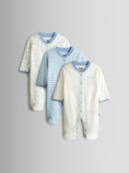 JoJo Maman Bébé Blue Elephant Cotton Footed 3 Pack Sleepsuit