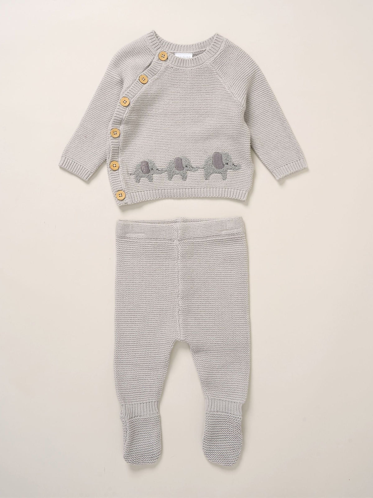 Rock-A-Bye Baby Boutique Grey True Knit Elephant Cardigan And Footed Trousers Outfit Set