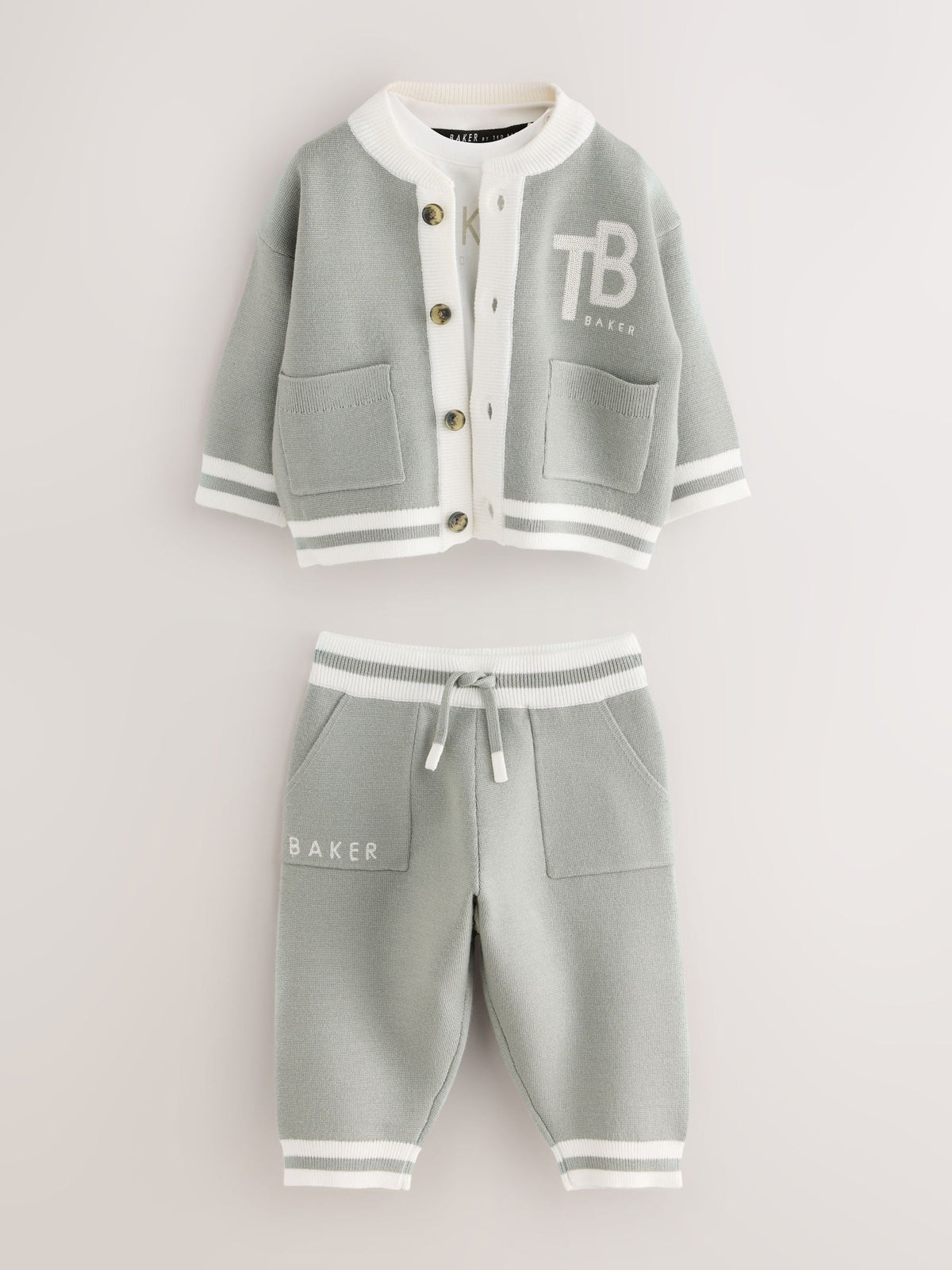 Baker by Ted Baker Green 3 Piece Knitted Varsity Cardigan, T-Shirt and Joggers Set