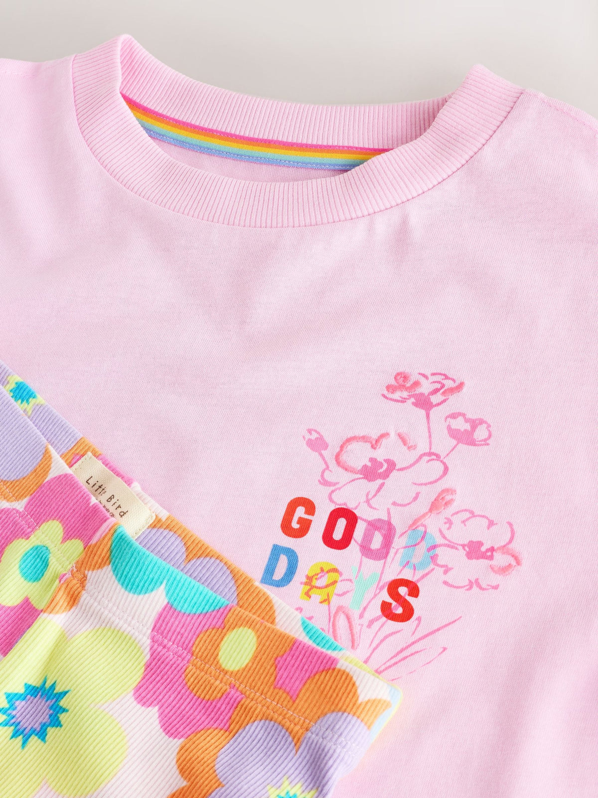 Little Bird Pink Embroidered T-Shirt & Floral Ribbed Kickflare Set