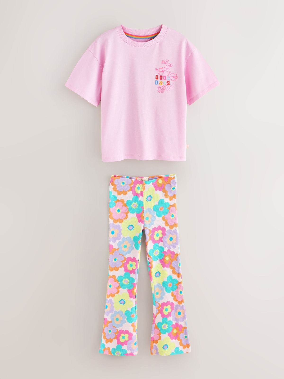 Little Bird Pink Embroidered T-Shirt & Floral Ribbed Kickflare Set