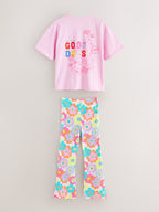 Little Bird Pink Embroidered T-Shirt & Floral Ribbed Kickflare Set