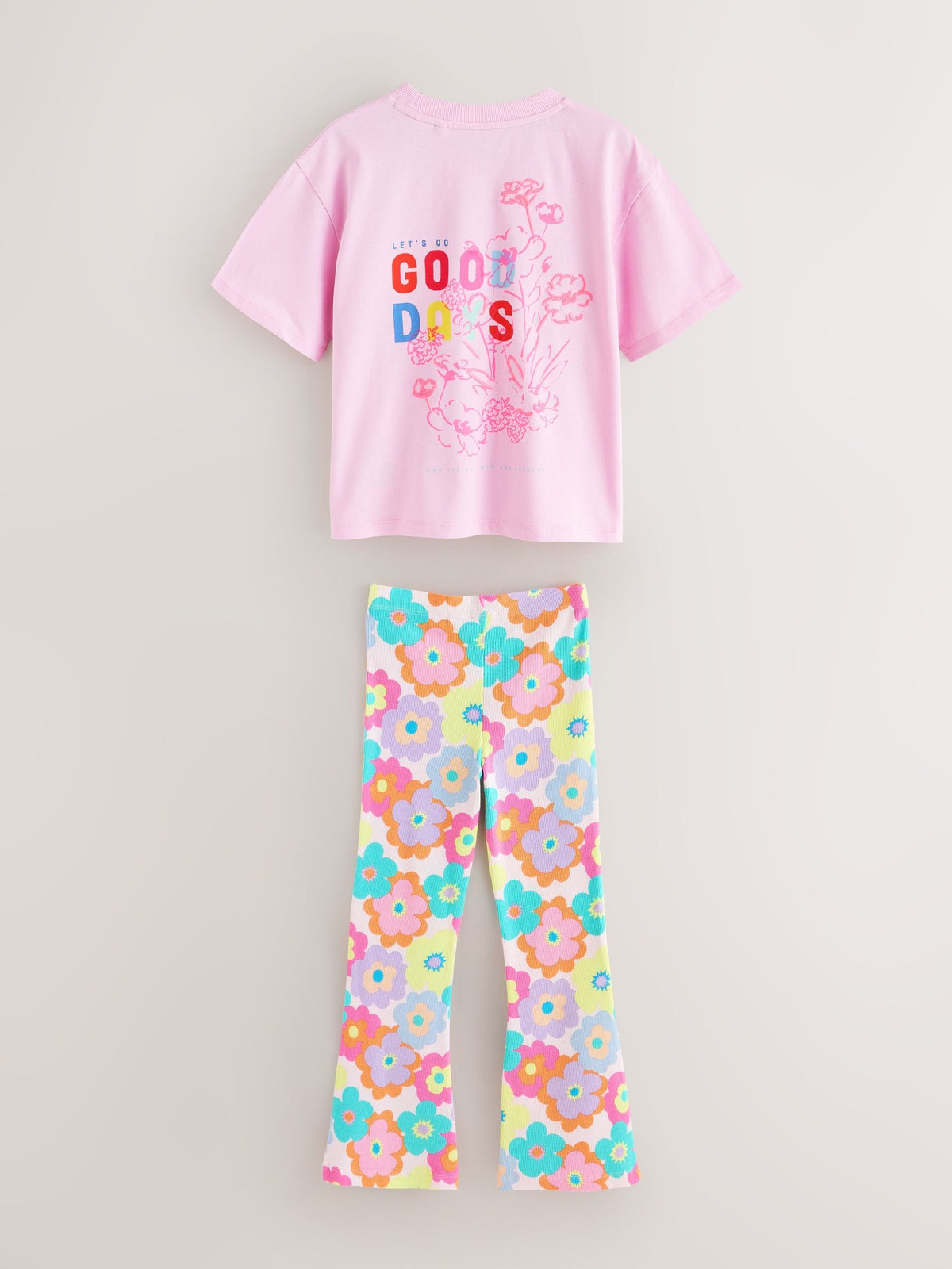 Little Bird Pink Embroidered T-Shirt & Floral Ribbed Kickflare Set