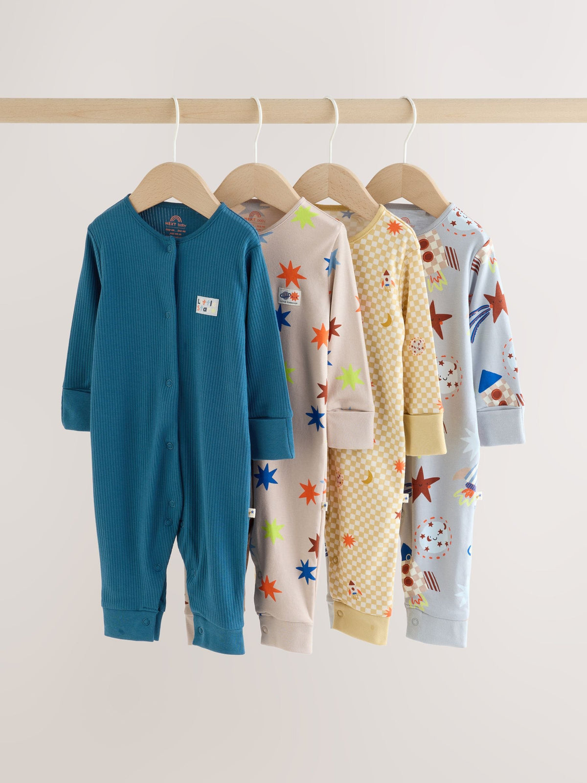 Navy/Yellow Space Two Way Zip Sleepsuits 4 Pack (0mths-3yrs)