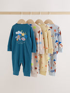 Navy/Yellow Space Two Way Zip Sleepsuits 4 Pack (0mths-3yrs)