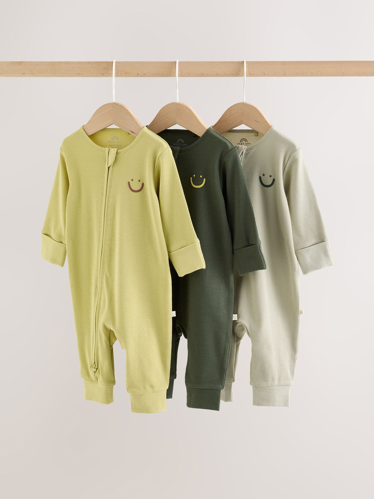 Green Two Way Zip Sleepsuits 3 Pack (0mths-3yrs)
