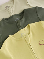 Green Two Way Zip Sleepsuits 3 Pack (0mths-3yrs)
