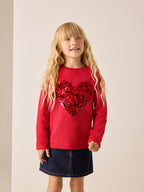 Red Long Sleeve Sequin Heart Top (3-16yrs)