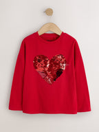 Red Long Sleeve Sequin Heart Top (3-16yrs)