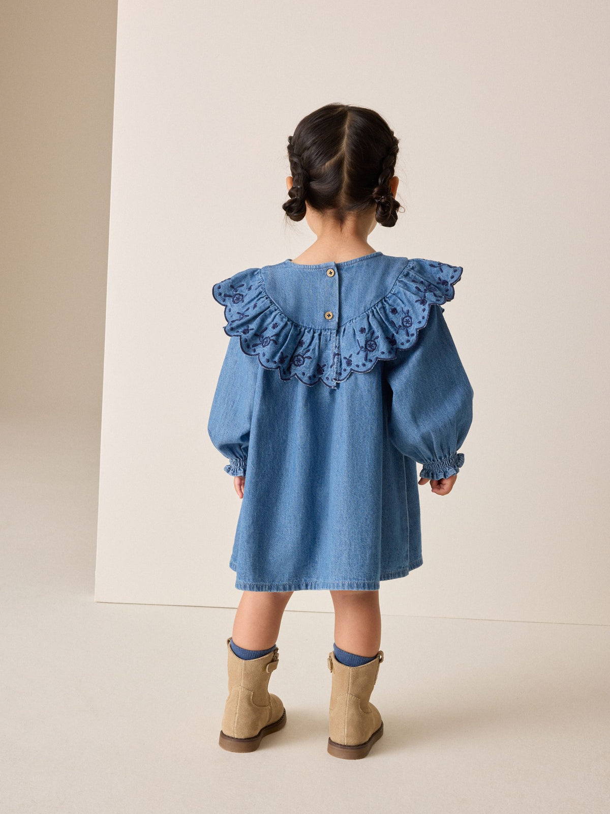 Denim Blue Long Sleeve Embroidered Denim Dress (3mths-10yrs)