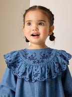 Denim Blue Long Sleeve Embroidered Denim Dress (3mths-10yrs)