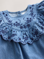 Denim Blue Long Sleeve Embroidered Denim Dress (3mths-10yrs)