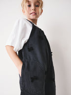 Charcoal Grey Velvet Bow Dungarees (3-16yrs)