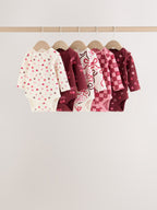 Red/Pink Bow Long Sleeve Baby Bodysuits 5 Pack