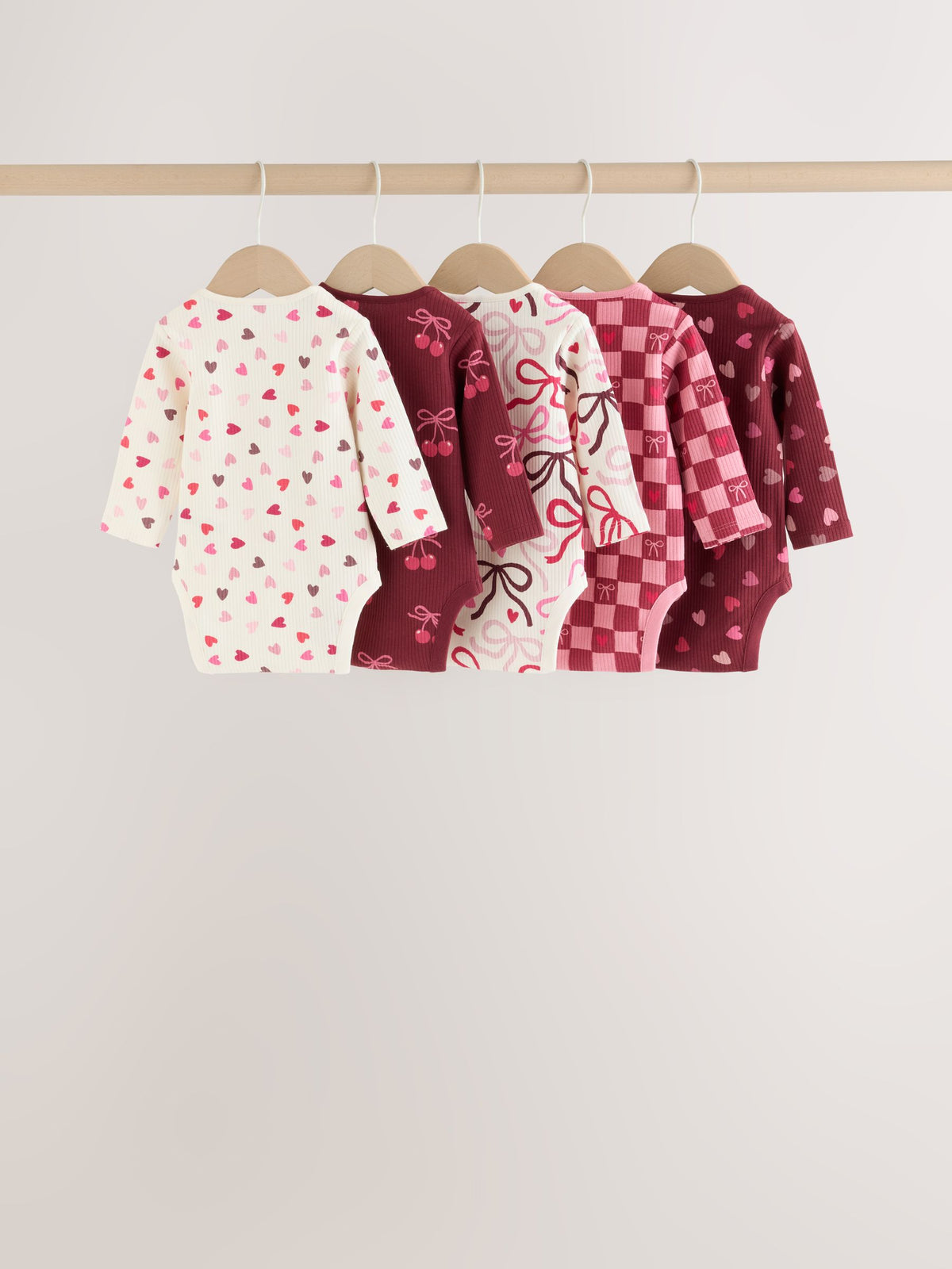 Red/Pink Bow Long Sleeve Baby Bodysuits 5 Pack