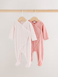 Pink Heart Velour Two Way Zip Baby Sleepsuit 2 Pack