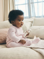 Pink Heart Velour Two Way Zip Baby Sleepsuit 2 Pack