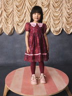 Burgundy Floral Embroidered Collar Puff Sleeve Occasion Dress (3mths-8yrs)