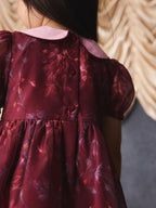 Burgundy Floral Embroidered Collar Puff Sleeve Occasion Dress (3mths-8yrs)