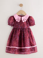 Burgundy Floral Embroidered Collar Puff Sleeve Occasion Dress (3mths-8yrs)