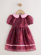 Burgundy Floral Embroidered Collar Puff Sleeve Occasion Dress (3mths-8yrs)